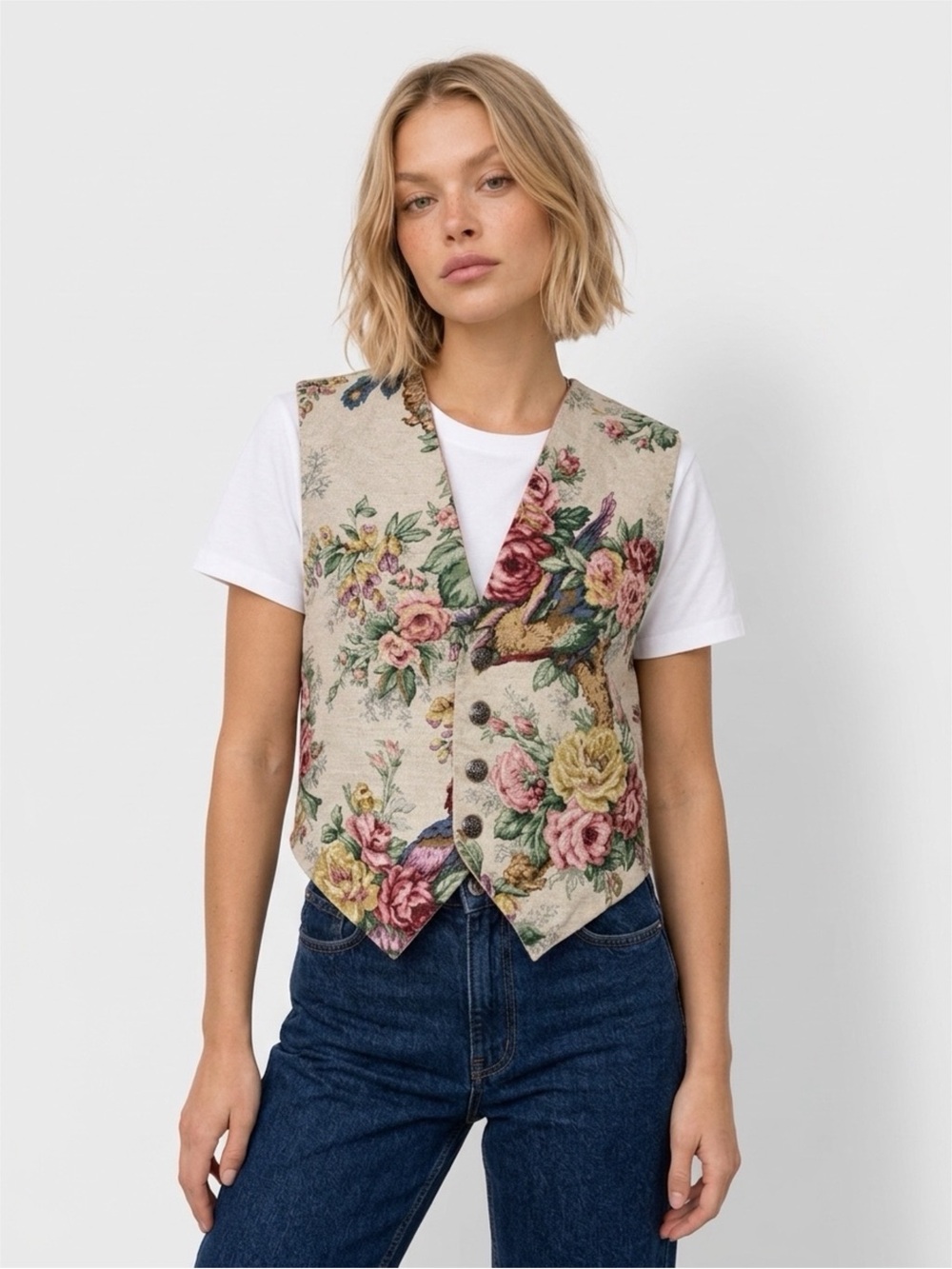 Floral Tapestry Vest in Cream with Pink & Green Accents VINTAGE